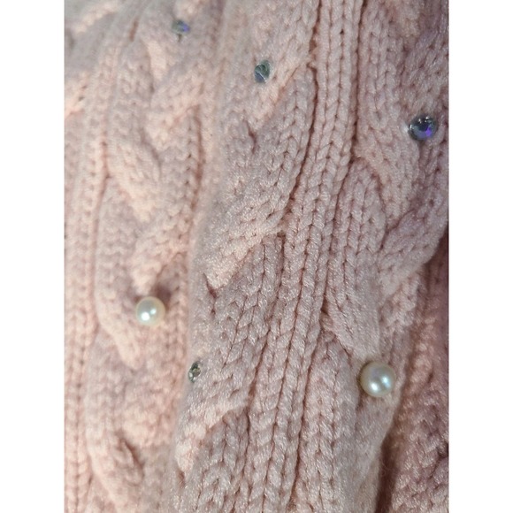 Guess Pink Cable Knit Scarf Faux Fur Pom Poms Pearl Rhinestone Embellished - Picture 3 of 7